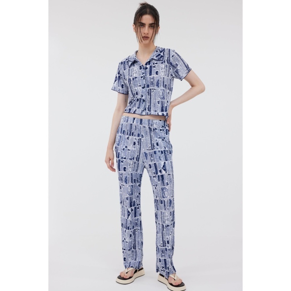 Source Unknown Cobalt Newspaper Retro Print Shirred Pant Polo Top Set EUC S/M